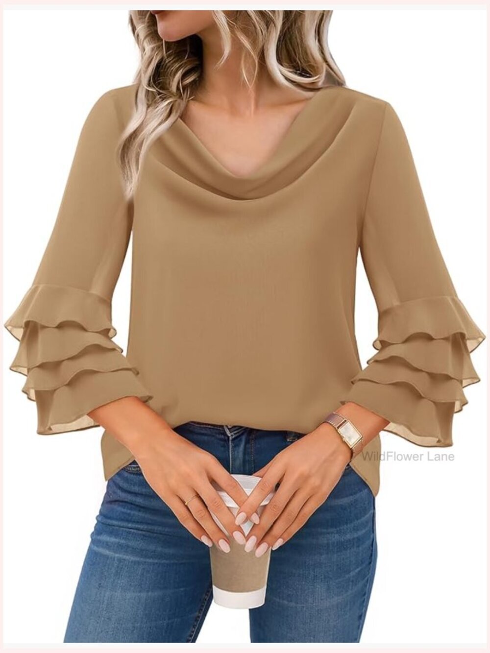 Cowl Neck Ruffle Sleeve Blouse Dressy Casual Chiffon Top Women